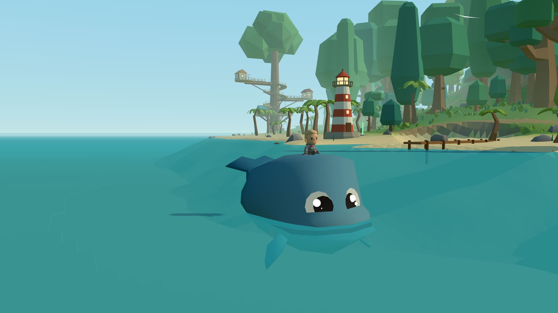 In Teach Your Dino Bible Stories, a child rides a whale round the island, with the lighthouse, the treehouse and a dock behind